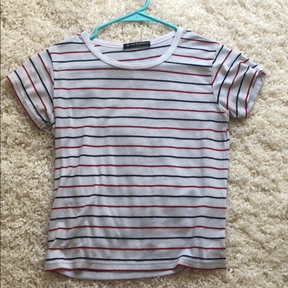 white blue and red striped tee